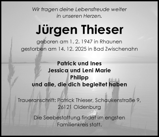 Traueranzeige von Jürgen Thieser von Nordwest-Zeitung