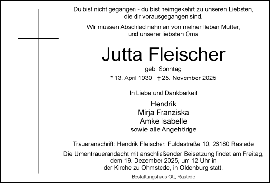Traueranzeige von Jutta Fleischer von Nordwest-Zeitung