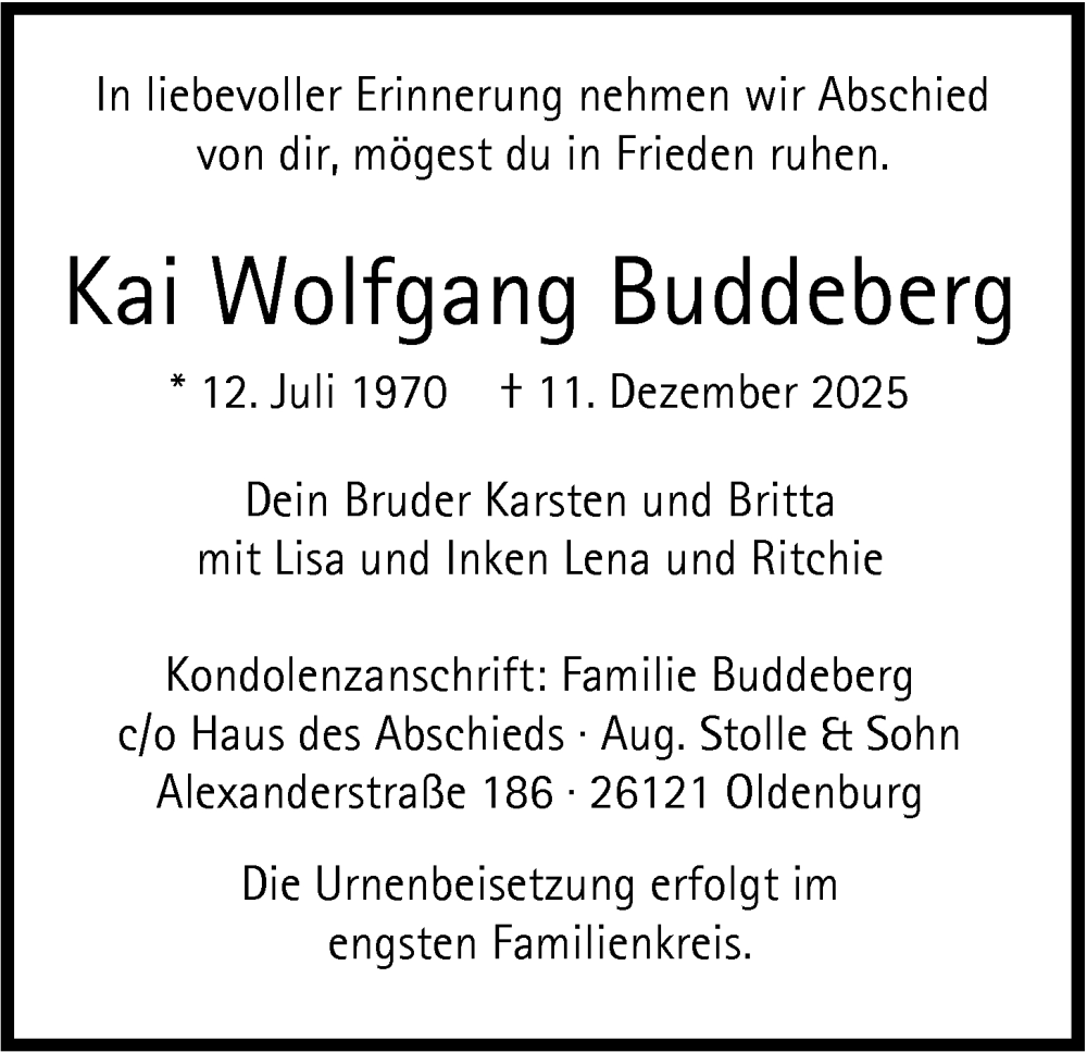  Traueranzeige für Kai Wolfgang Buddeberg vom 20.12.2025 aus Nordwest-Zeitung