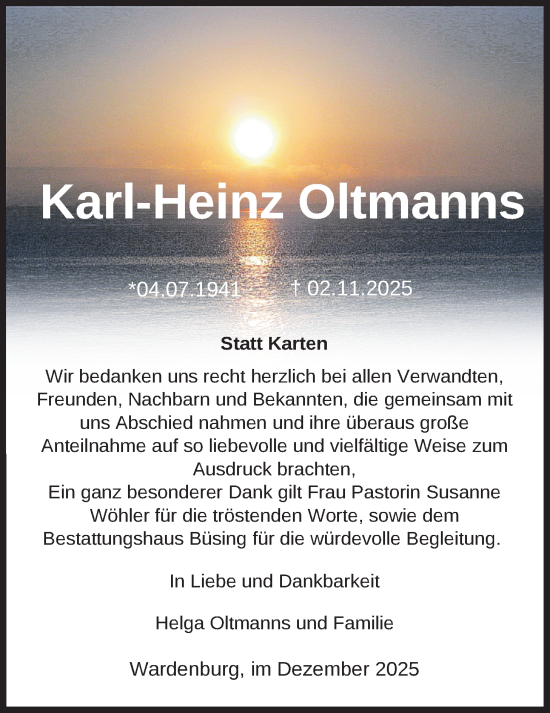 Traueranzeige von Karl-Heinz Oltmanns von Nordwest-Zeitung