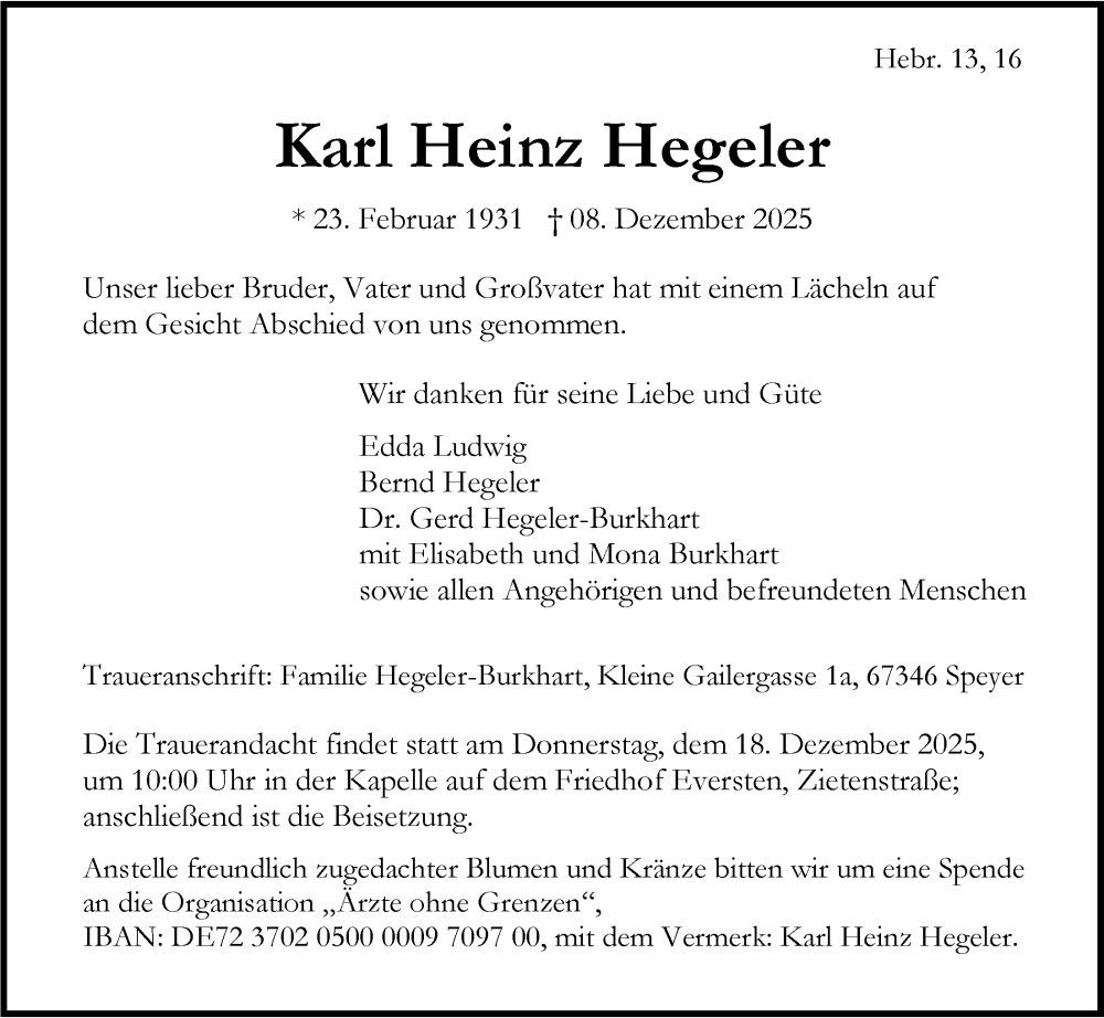  Traueranzeige für Karl Heinz Hegeler vom 13.12.2025 aus Nordwest-Zeitung