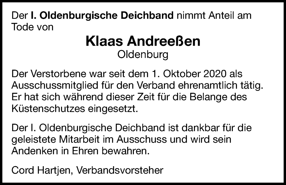  Traueranzeige für Klaas Andreeßen vom 24.12.2025 aus Nordwest-Zeitung