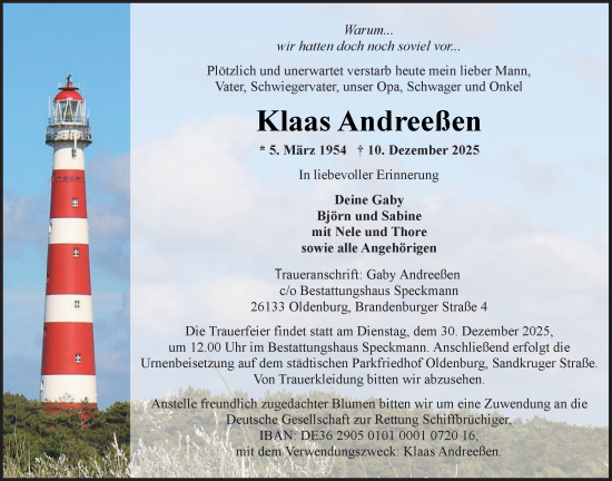 Traueranzeige von Klaas Andreeßen von Nordwest-Zeitung