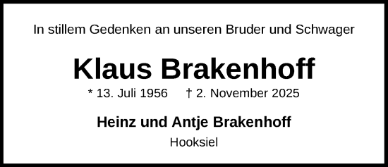 Traueranzeige von Klaus Brakenhoff von WZ/JW/AH