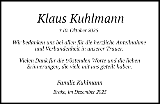 Traueranzeige von Klaus Kuhlmann von Nordwest-Zeitung