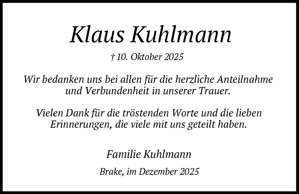  Traueranzeige für Klaus Kuhlmann vom 13.12.2025 aus Nordwest-Zeitung