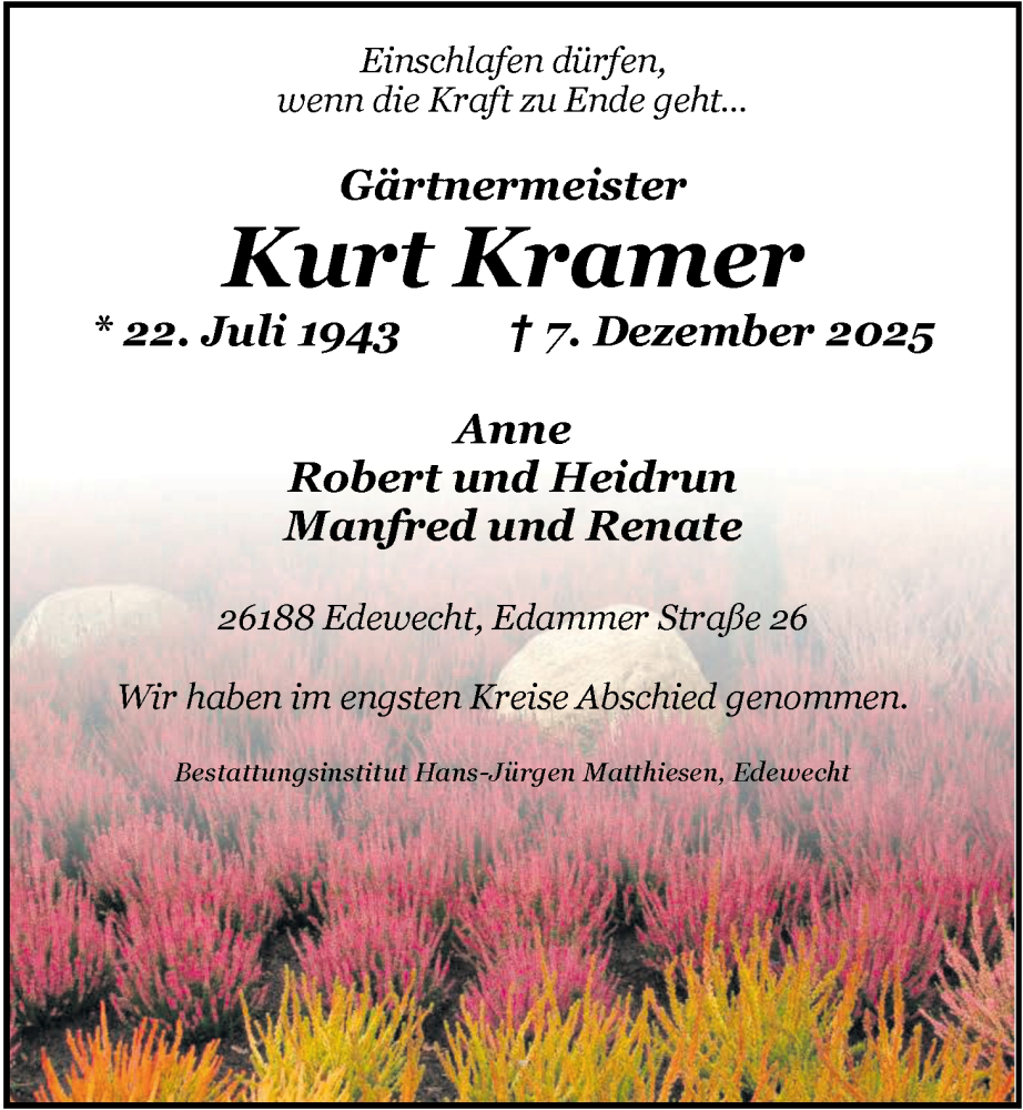  Traueranzeige für Kurt Kramer vom 20.12.2025 aus Nordwest-Zeitung