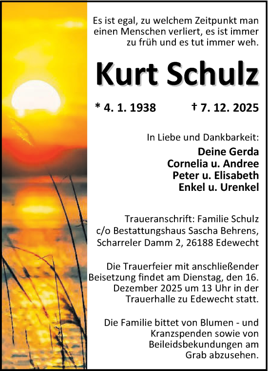 Traueranzeige von Kurt Schulz von Nordwest-Zeitung