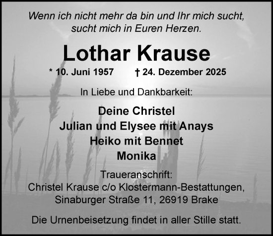 Traueranzeige von Lothar Krause von Nordwest-Zeitung