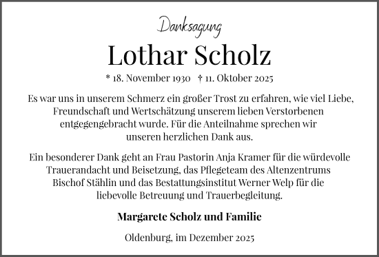 Traueranzeige von Lothar Scholz von Nordwest-Zeitung