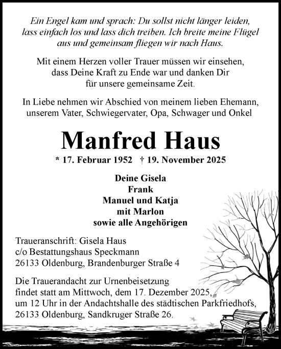 Traueranzeige von Manfred Haus von Nordwest-Zeitung