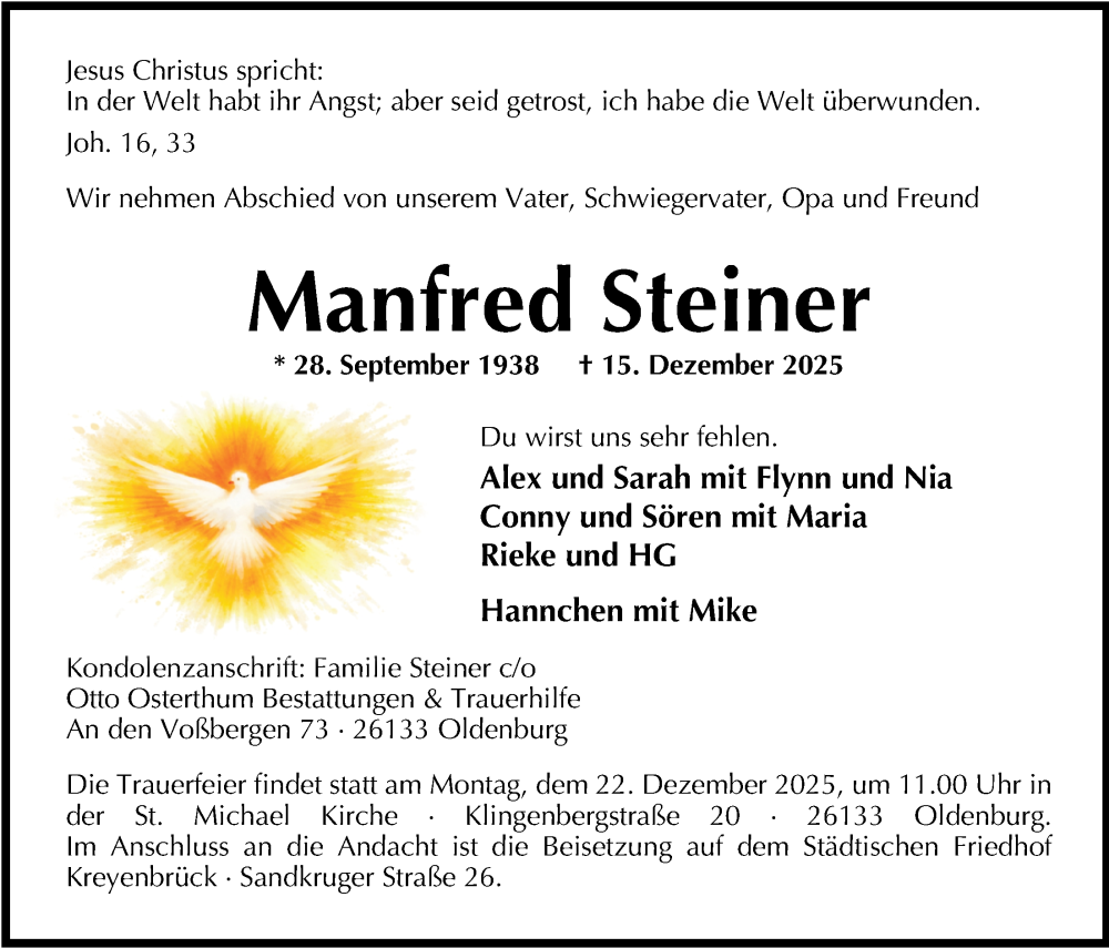  Traueranzeige für Manfred Steiner vom 20.12.2025 aus Nordwest-Zeitung