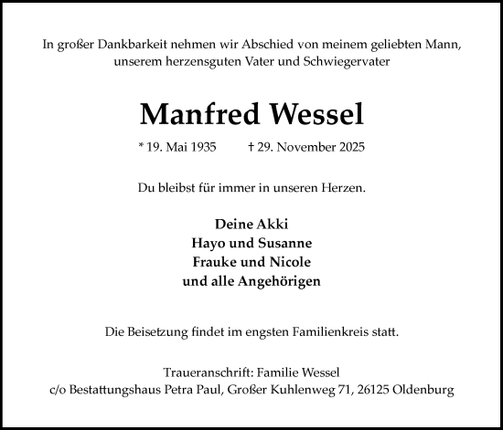 Traueranzeige von Manfred Wessel von Nordwest-Zeitung