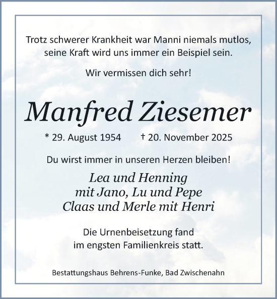 Traueranzeige von Manfred Ziesemer von Nordwest-Zeitung
