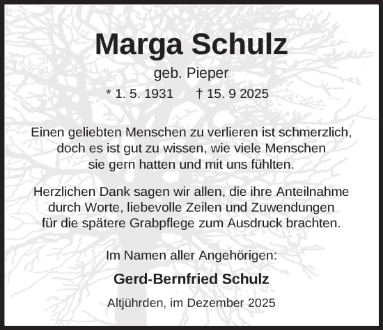 Traueranzeige von Marga Schulz von Nordwest-Zeitung
