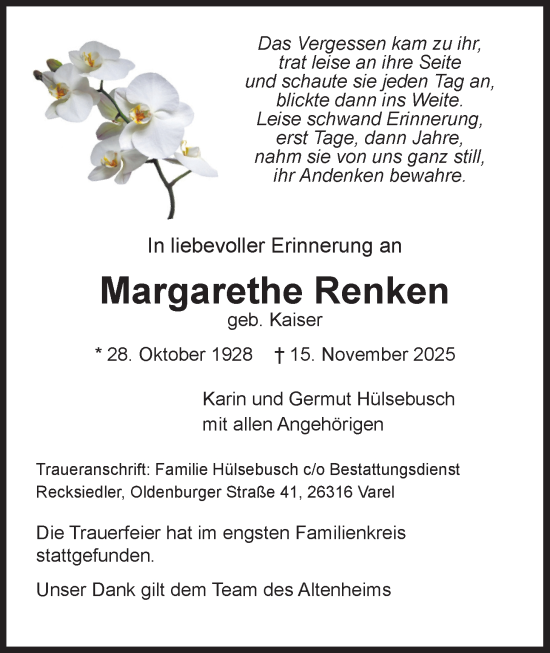 Traueranzeige von Margarethe Renken von Nordwest-Zeitung