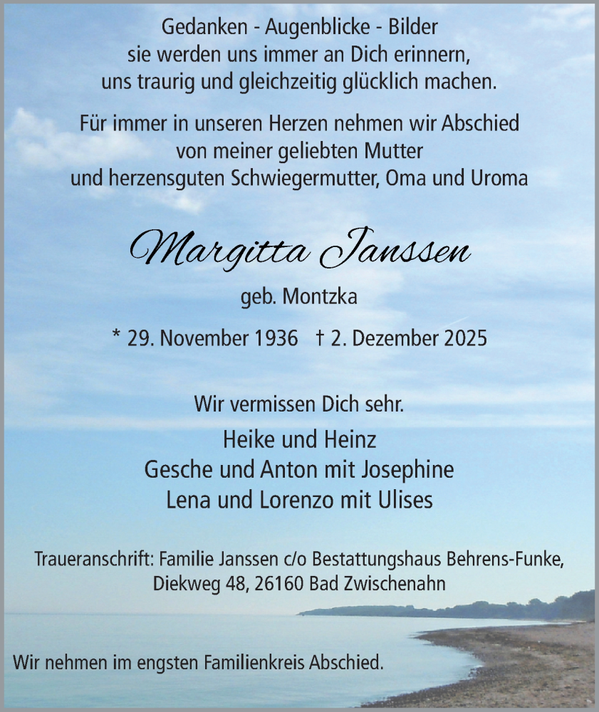  Traueranzeige für Margitta Janssen vom 06.12.2025 aus Nordwest-Zeitung