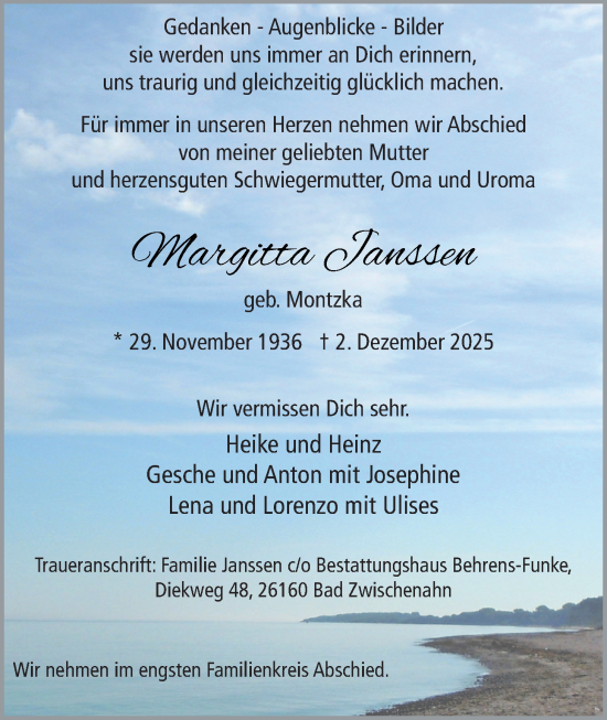 Traueranzeige von Margitta Janssen von Nordwest-Zeitung