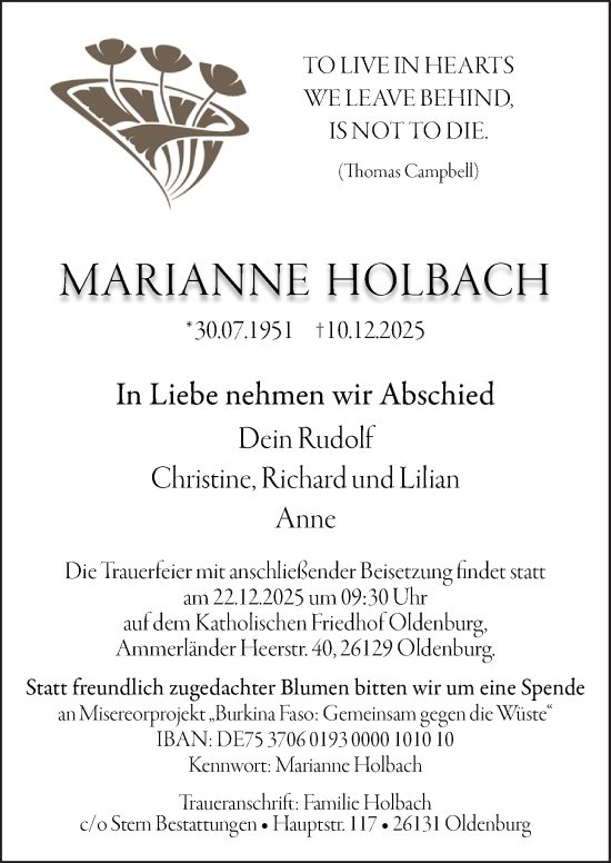 Traueranzeige von Marianne Holbach von Nordwest-Zeitung