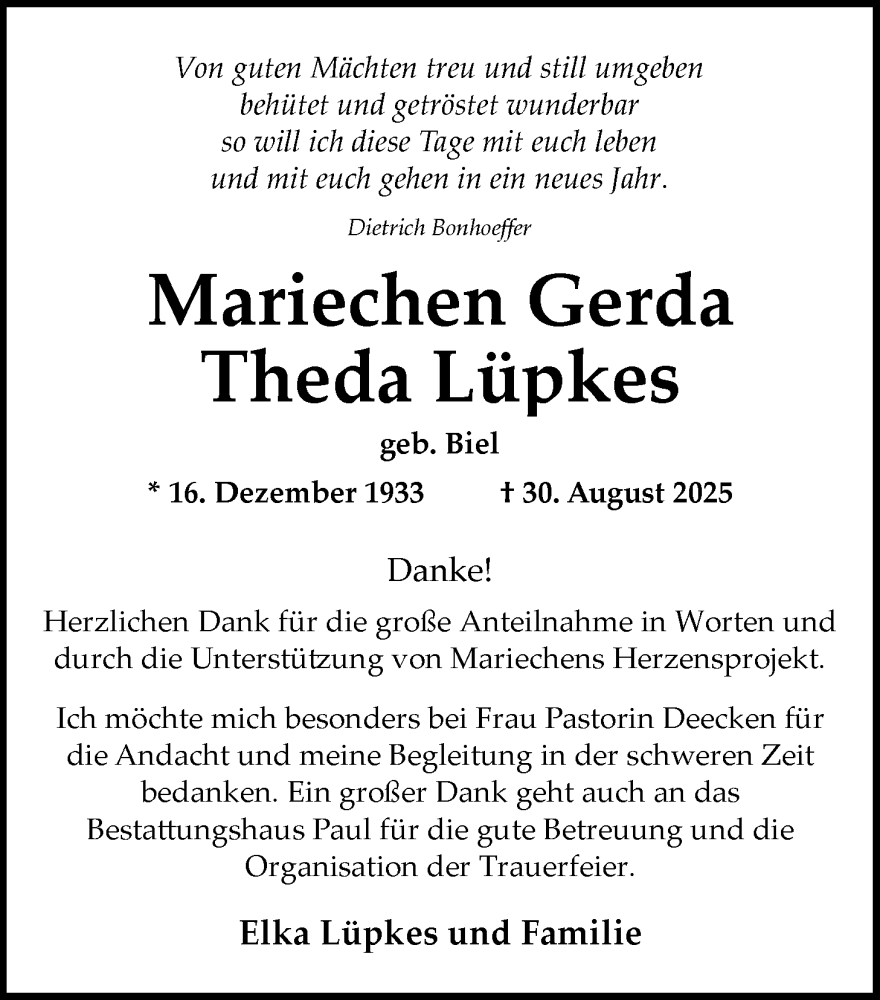  Traueranzeige für Mariechen Gerda Theda Lüpkes vom 13.12.2025 aus Nordwest-Zeitung