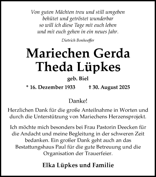 Traueranzeige von Mariechen Gerda Theda Lüpkes von Nordwest-Zeitung