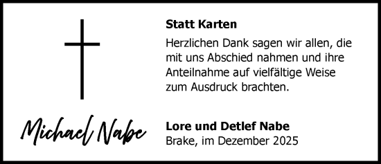 Traueranzeige von Michael Nabe von Nordwest-Zeitung
