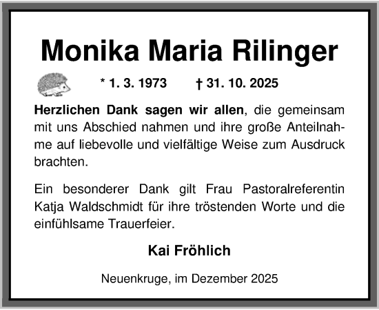 Traueranzeige von Monika Maria Rilinger von Nordwest-Zeitung