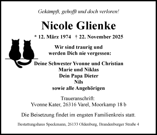 Traueranzeige von Nicole Glienke von Nordwest-Zeitung