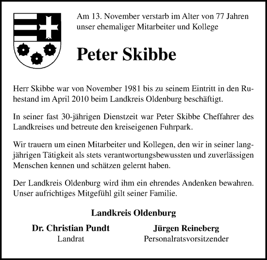 Traueranzeige von Peter Skibbe von Nordwest-Zeitung