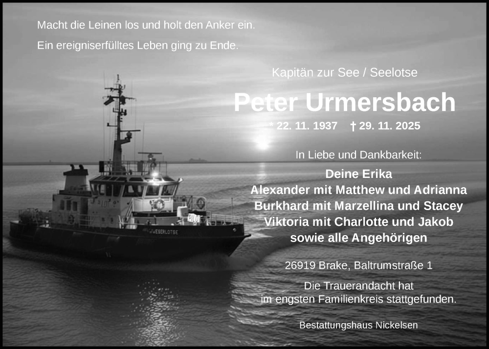  Traueranzeige für Peter Urmersbach vom 12.12.2025 aus Nordwest-Zeitung