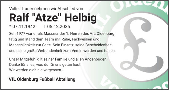 Traueranzeige von Ralf Helbig von Nordwest-Zeitung