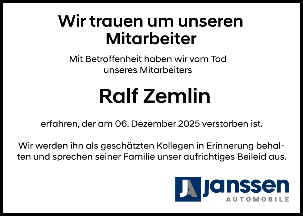  Traueranzeige für Ralf Zemlin vom 13.12.2025 aus Emder Zeitung