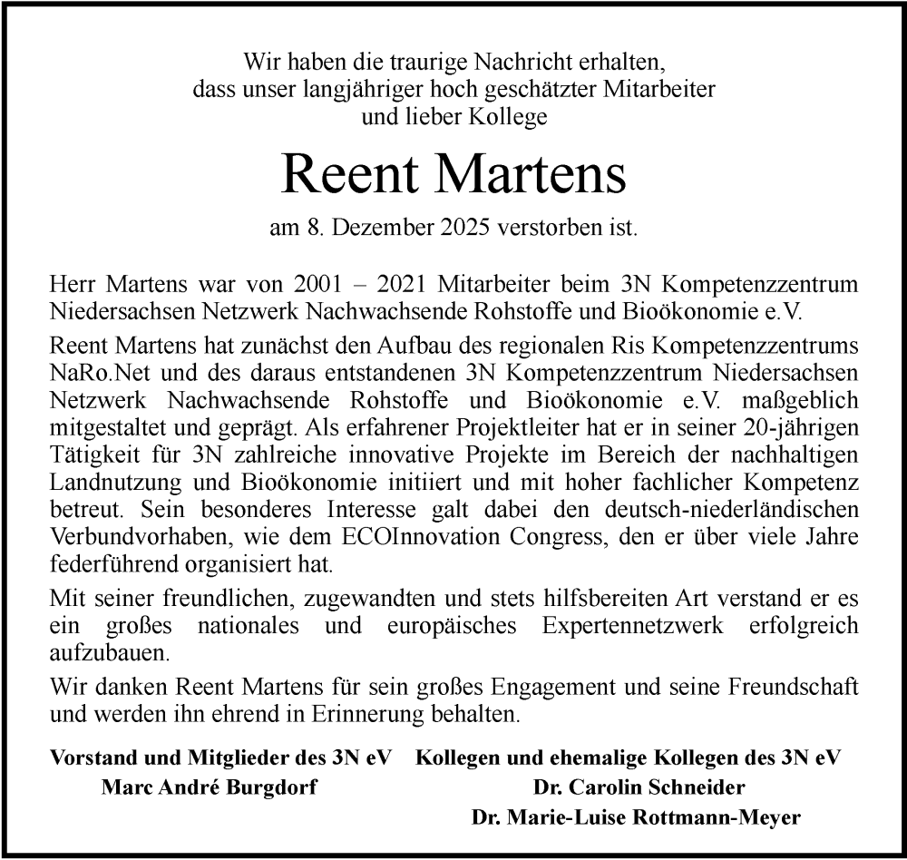  Traueranzeige für Reent Martens vom 19.12.2025 aus Nordwest-Zeitung