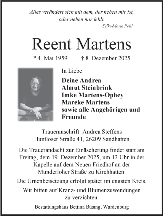 Traueranzeige von Reent Martens von WZ/JW/AH