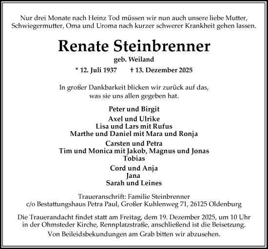 Traueranzeige von Renate Steinbrenner von Nordwest-Zeitung