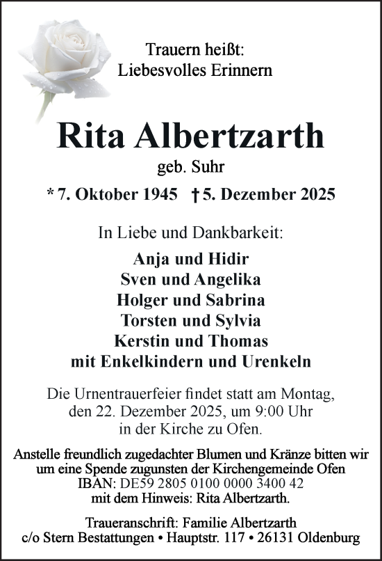 Traueranzeige von Rita Albertzarth von Nordwest-Zeitung
