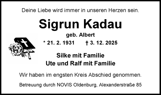 Traueranzeige von Sigrun Kadau von Nordwest-Zeitung