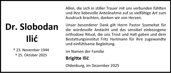Traueranzeige von Slobodan Ilic von Nordwest-Zeitung