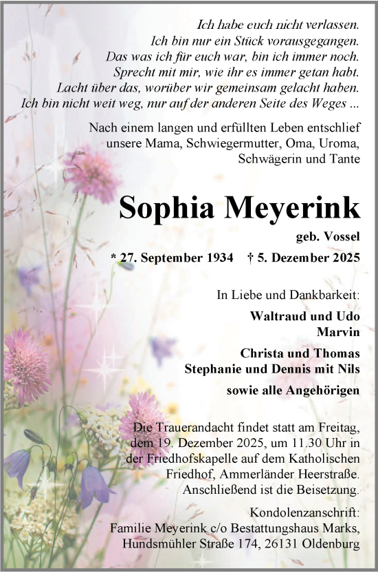 Traueranzeige von Sophia Meyerink von Nordwest-Zeitung