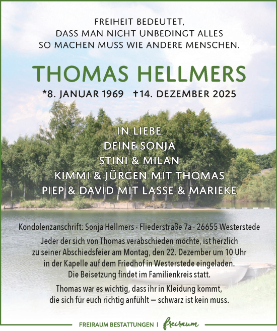 Traueranzeige von Thomas Hellmers von Nordwest-Zeitung