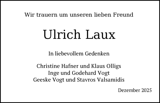 Traueranzeige von Ulrich Laux von Nordwest-Zeitung