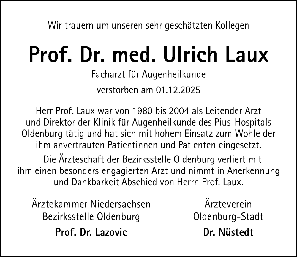  Traueranzeige für Ulrich Laux vom 16.12.2025 aus Nordwest-Zeitung