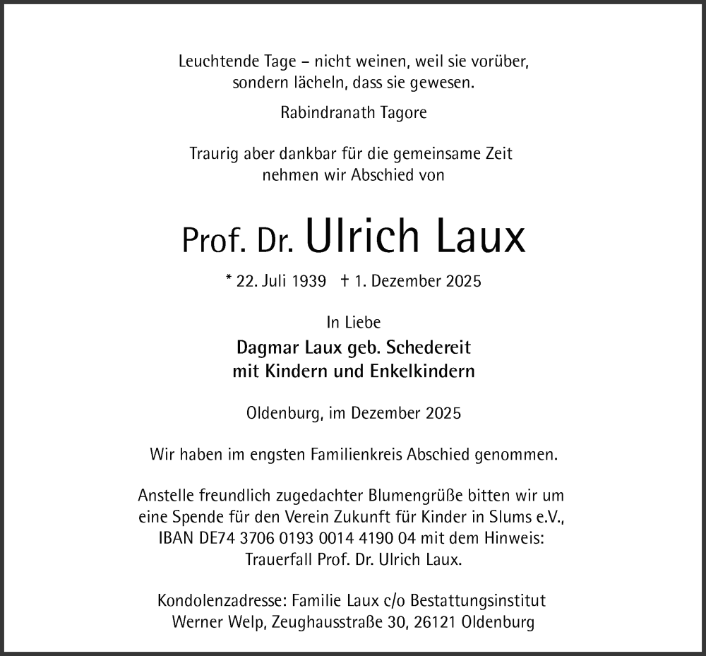  Traueranzeige für Ulrich Laux vom 13.12.2025 aus Nordwest-Zeitung