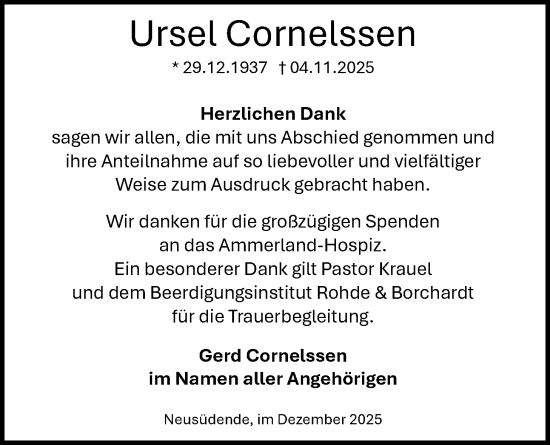 Traueranzeige von Ursel Cornelssen von Nordwest-Zeitung