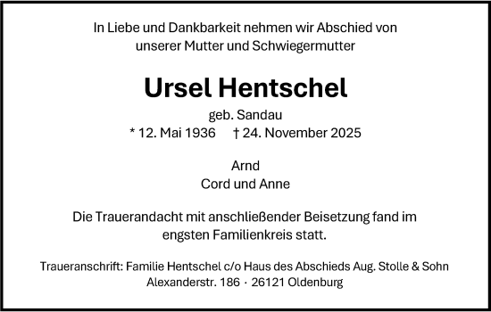 Traueranzeige von Ursel Hentschel von Nordwest-Zeitung