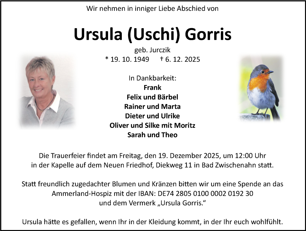  Traueranzeige für Ursula Gorris vom 16.12.2025 aus Nordwest-Zeitung