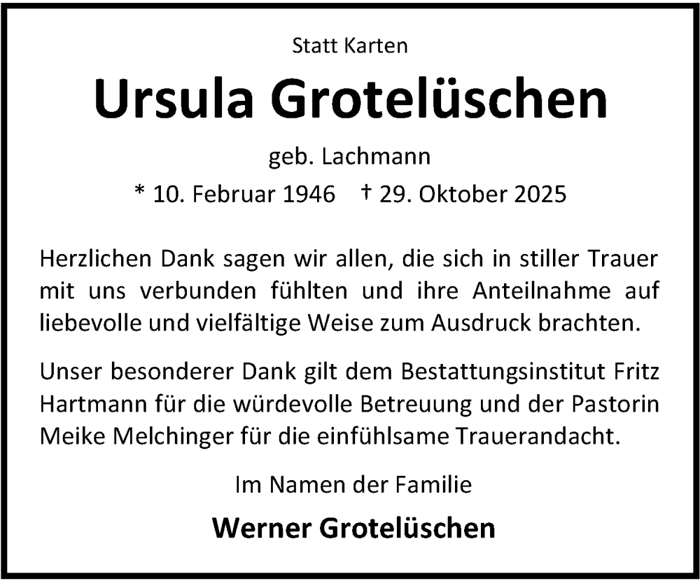  Traueranzeige für Ursula Grotelüschen vom 06.12.2025 aus Nordwest-Zeitung