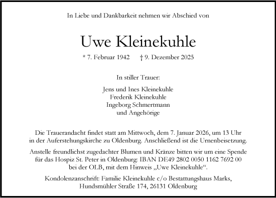 Traueranzeige von Uwe Kleinekuhle von Nordwest-Zeitung