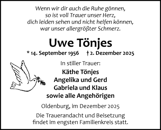 Traueranzeige von Uwe Tönjes von Nordwest-Zeitung