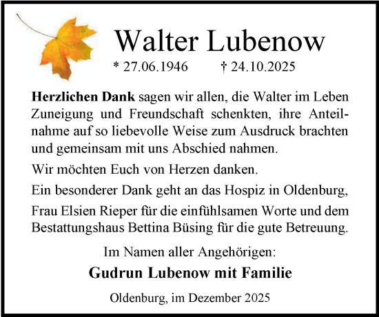 Traueranzeige von Walter Lubenow von Nordwest-Zeitung